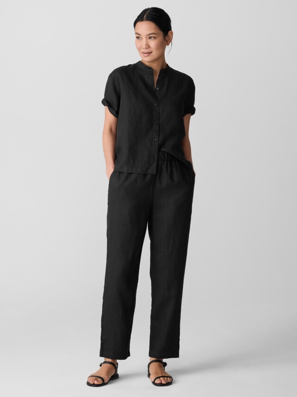 Eileen Fisher Organic Linen Tapered Pant XS black minimalist pockets pull on
